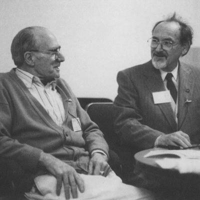 Founding member of the History Project, camera operator Manny Yospa (right), in discussion at an ACTT Conference.” Roy Fowler, ”The Eureka Moment,” ” Veteran 130 (Spring 2011): 8.